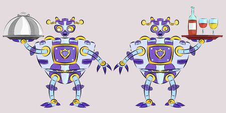 Android robot with a dish and alcohol works in a restaurantのイラスト素材