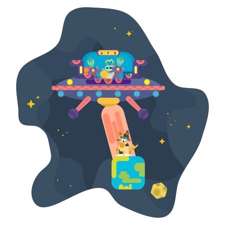 Funny aliens on a spaceship abduct a pet cat from the groundのイラスト素材