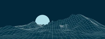 Neon mountain landscape with moon illustration.のイラスト素材