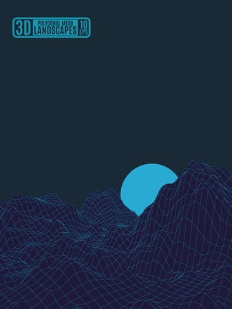 grid mountain landscape with turquoise moon background for advertisingのイラスト素材