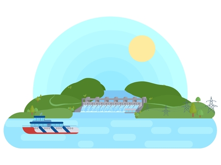 hydroelectric plant on a river with a reservoir flat bright vector illustrationのイラスト素材