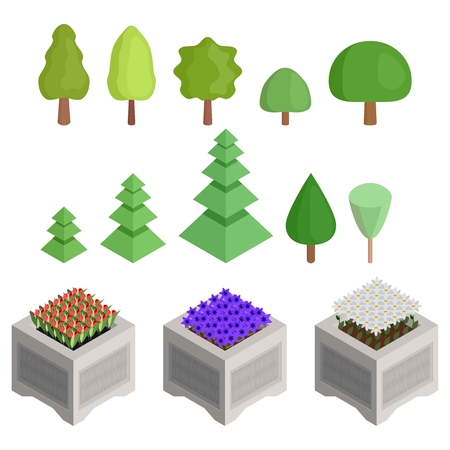 Collection of isometric trees and flower beds drawing vectorのイラスト素材