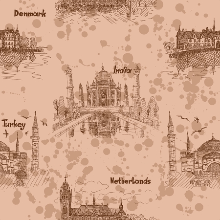 European and Asian Sketch Pattern vector illustrationのイラスト素材