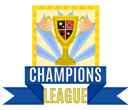 Gold cup winner with coat of arms and ribbon vector stock illustration.
