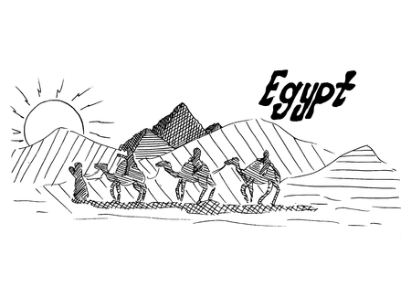 Egyptian black and white sketch with camels and desert vector stockのイラスト素材