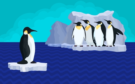 bright illustration of penguins on glacier global warming.stock vector illustrationのイラスト素材