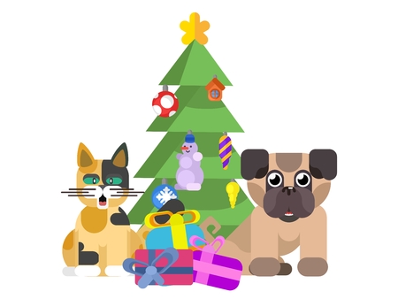 cat with dog near new year tree on white. stock image vectorのイラスト素材
