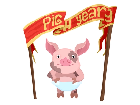 painted pig. with red ribbon and year. stock image vectorのイラスト素材