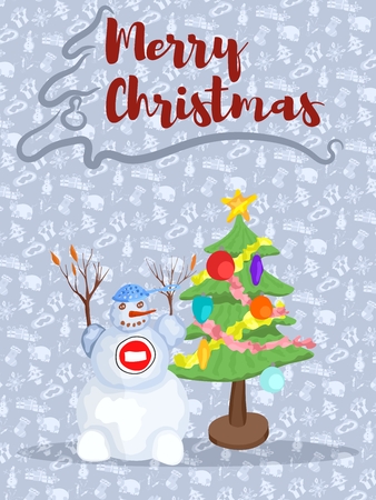Violet Christmas poster with snowman near the Christmas treeのイラスト素材
