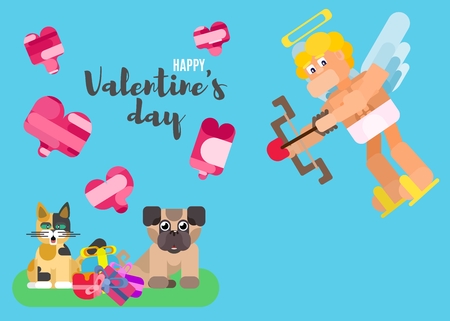 poster with a dog and a cat on a turquoise background and cupidのイラスト素材