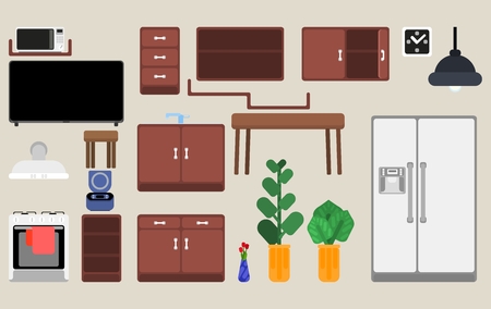 selection of kitchen furniture interior details and plantsのイラスト素材
