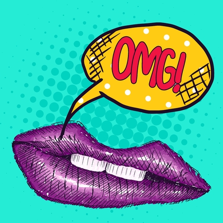 new pop art drawing purple lips with the inscriptionのイラスト素材