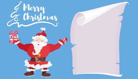 Santa Claus on a blue background with a scroll of paperのイラスト素材