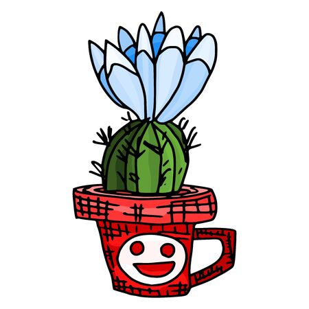 blue cactus flower in a coffee cup. doodle sketch drawing vectorのイラスト素材