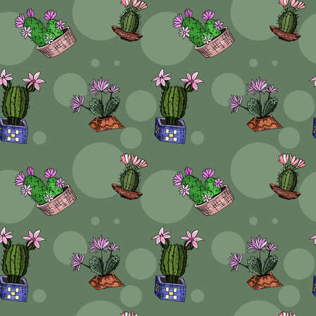multicolored plants of mexico on a green background. doodle drawing vector seamless patternのイラスト素材