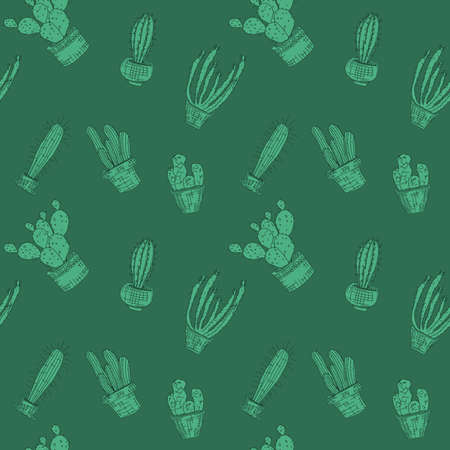 scattered green cacti. doodle drawing vector seamless pattern