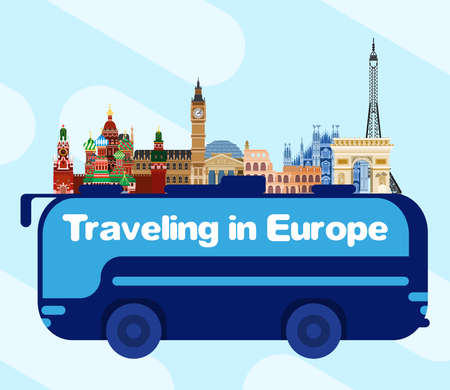 Bus travel across Europe. from Russia to England. Flat style vectorのイラスト素材