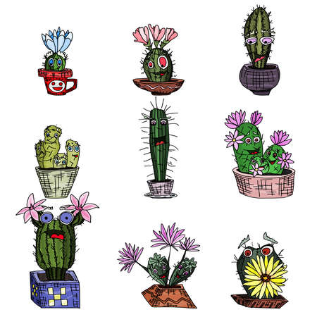 cacti monsters with cute faces. plants in clay pots. doodle style vectorのイラスト素材