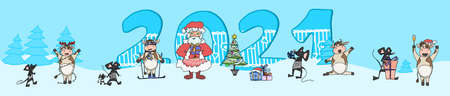 new year poster with mice and bulls in the forest with santa claus. vector doodle illustration