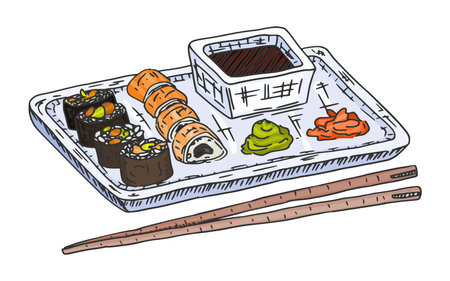 delicious Japanese sushi on a tray and soy sauce. doodle sketch vectorのイラスト素材