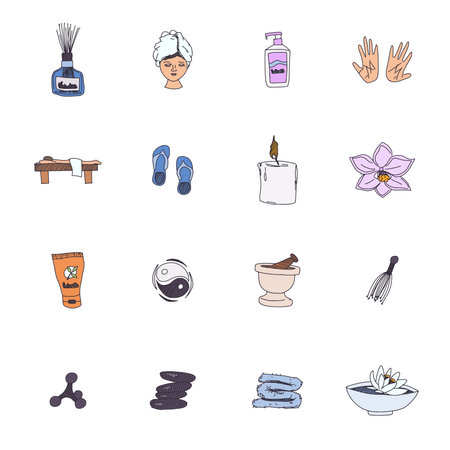 spa vacation and massage color illustrations. vector doodle sketchesのイラスト素材