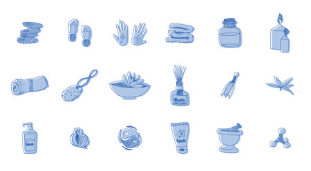 blue spa relaxation pictogram elements. vector doodle sketchesのイラスト素材