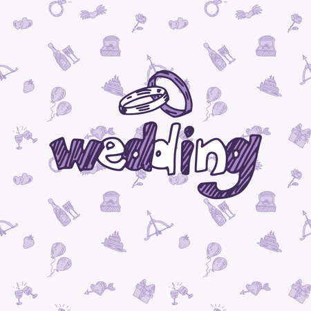 wedding poster with lettering purple background. doodle sketch vectorのイラスト素材