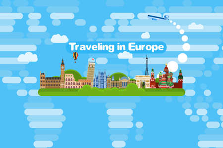 travel around europe by plane to the sights. flat style imageのイラスト素材