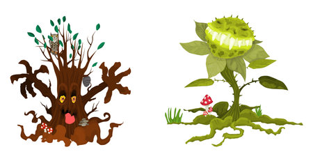 poisonous monster halloween flower and tree. vector stock flatのイラスト素材