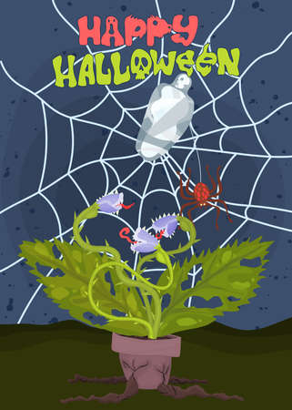 Halloween spider web and carnivorous plant poster. vector flat styleのイラスト素材
