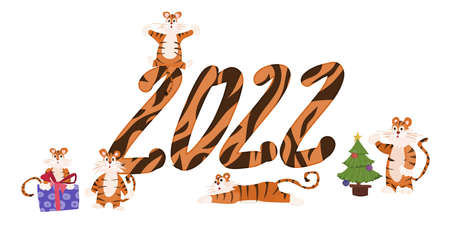 inscription 2022 and a flock of tigers. flat style vector stock illustrationのイラスト素材