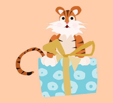 tiger and a large gift with a bow. flat style vector stock illustrationのイラスト素材