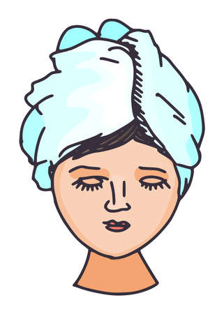 woman with a towel on her head. vector sketch doodle stock imageのイラスト素材