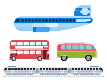 Bus plane car train different vehicles. flat style vector imageのイラスト素材