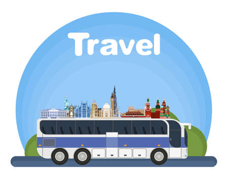 tourism europe and the world by bus attractions. flat style vector imageのイラスト素材