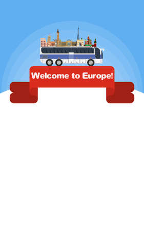 poster with bus and world attractions tourism. flat style vector imageのイラスト素材