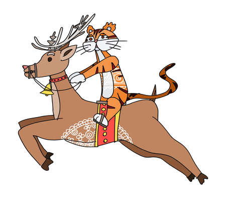 tiger riding a deer new year characters. doodle sketch vector imageのイラスト素材