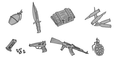 bladed weapons and firearms sketches black and white drawings. stock vector imageのイラスト素材