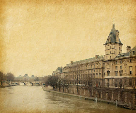 The Seine near the Pont Neuf,  Paris, France. Photo in retro style. Paper texture.の写真素材
