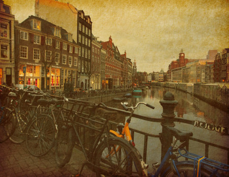  Evening in Amsterdam, Netherlands  Photo in retro style  Paper texture のeditorial素材