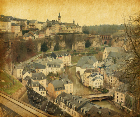 Skyline of Luxembourg City   Photo in retro style  Paper texture のeditorial素材