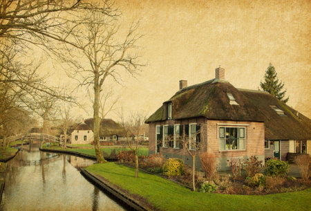 Canal in Giethoorn,  Netherlands  Photo in retro style  Paper texture のeditorial素材