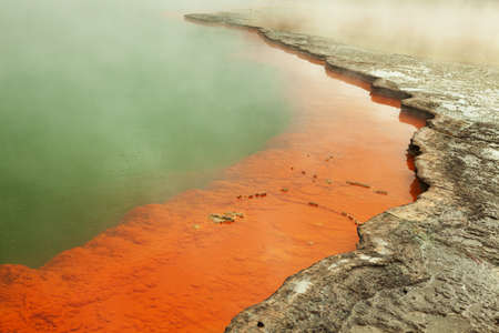 Champagne Pool  with a beautiful  petrified edge  Champagne Pool is a prominent geothermal feature within the Waiotapu geothermal area in the North Island of New Zealandの写真素材