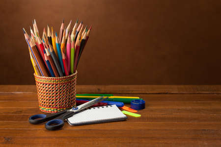 Back to school concept on wood  backgroundの写真素材