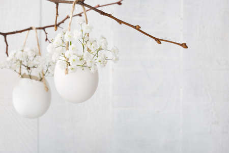 Bunch of white gypsophila  flowers  in eggs shell on the white wooden plank. Shallow depth of field, focus on near flowers. Easter decorの写真素材