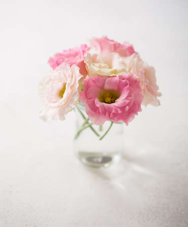 Pink flowers eustoma on old rustic  table. Shallow depth of fieldの写真素材
