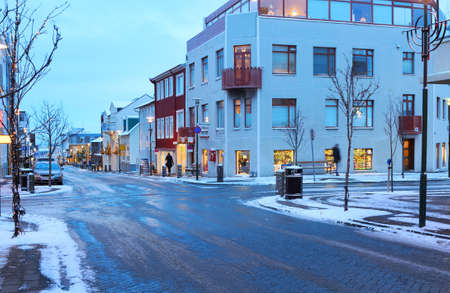 Skolavordustigur street in the center of Reykjavik at dusk in the winter, Iceland.の写真素材