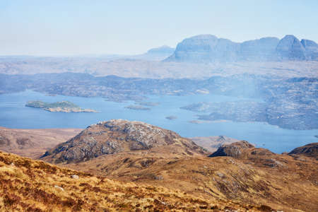 Unearthly mountain landscape.  Loch Sionascaig and Suilven in spring ( View from Stac Pollaidh  towards Suilven), Inverpolly, Northwest Highlands, Scotlandの写真素材