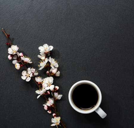 Cup of coffee and spring  flowers  on pink wooden table.の写真素材
