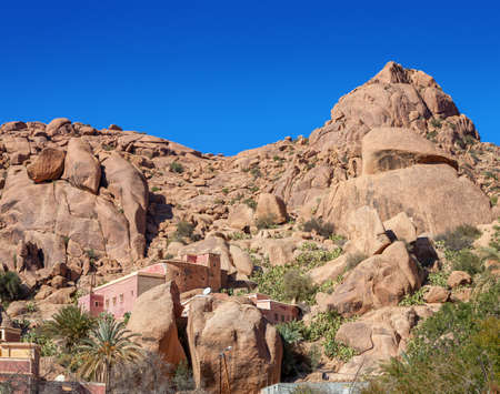 Moroccan village among the rocks,  near Tafraout  in the central part of the Anti-Atlas mountains, Tiznit Province, Souss-Massa region, Moroccoの写真素材